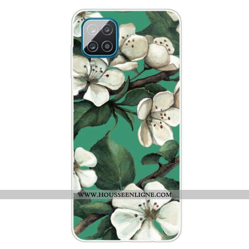 Coque Samsung Galaxy A12 / M12 Fleurs Blanches Peintes