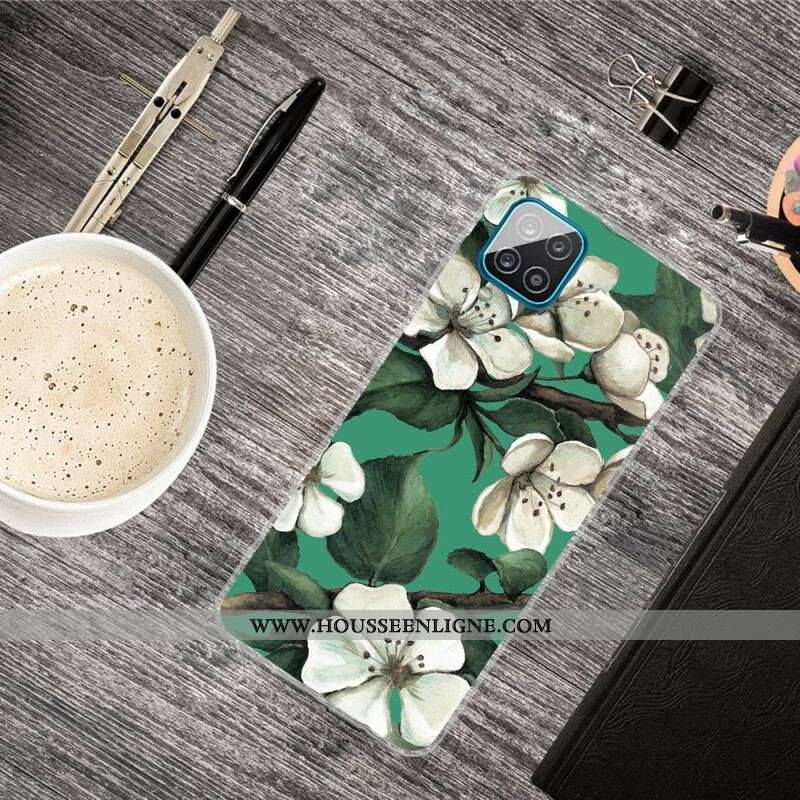 Coque Samsung Galaxy A12 / M12 Fleurs Blanches Peintes