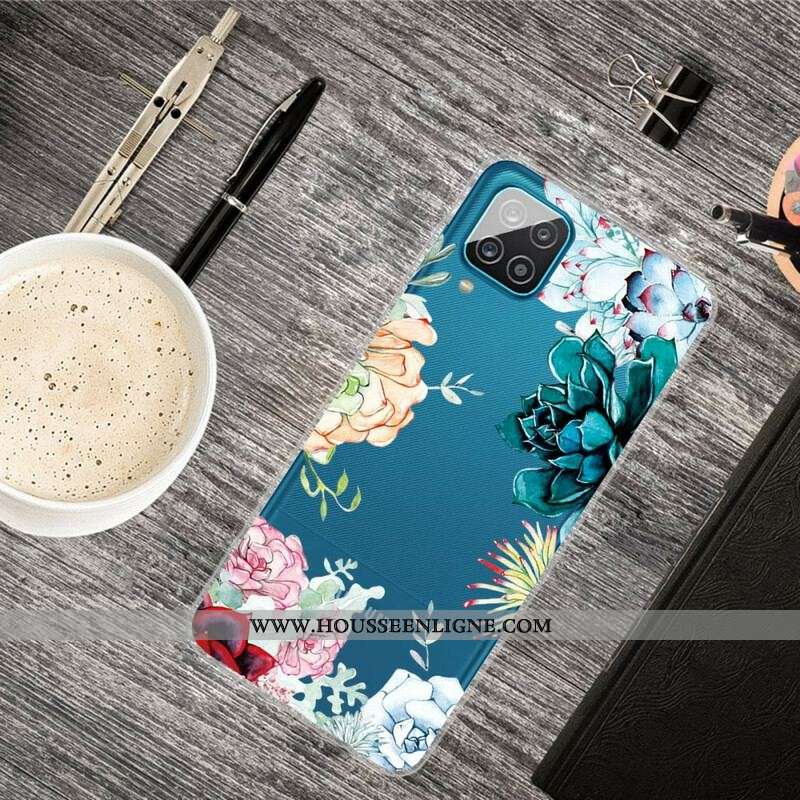 Coque Samsung Galaxy A12 / M12 Transparente Fleurs Aquarelle