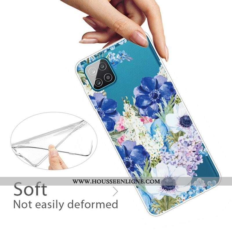 Coque Samsung Galaxy A12 / M12 Transparente Fleurs Bleues Aquarelle