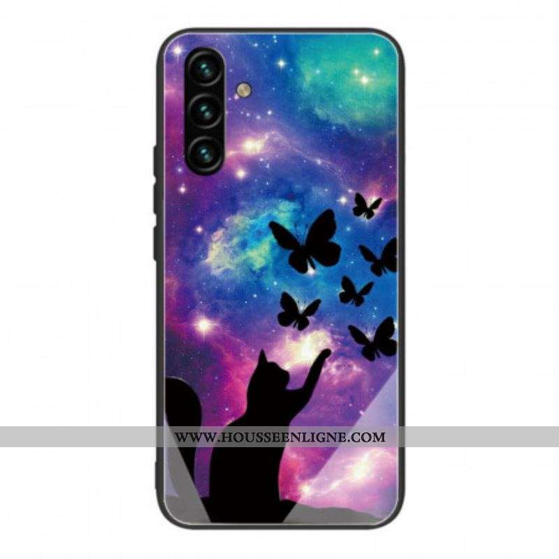 Coque Samsung Galaxy A13 5G / A04s Verre Trempé Chat et Papillons Dans l'Espace