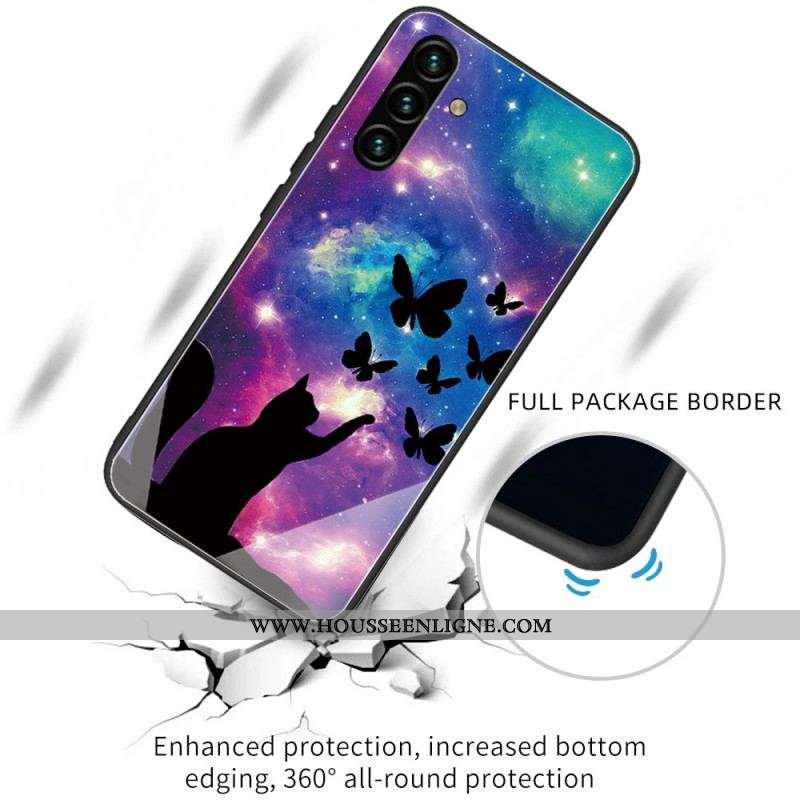 Coque Samsung Galaxy A13 5G / A04s Verre Trempé Chat et Papillons Dans l'Espace