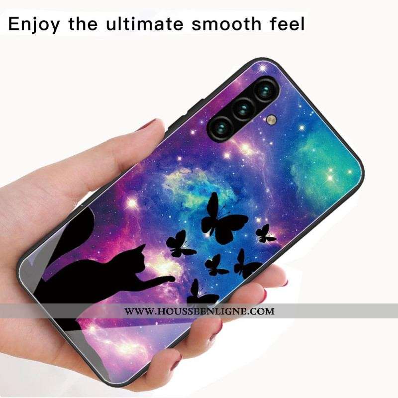 Coque Samsung Galaxy A13 5G / A04s Verre Trempé Chat et Papillons Dans l'Espace