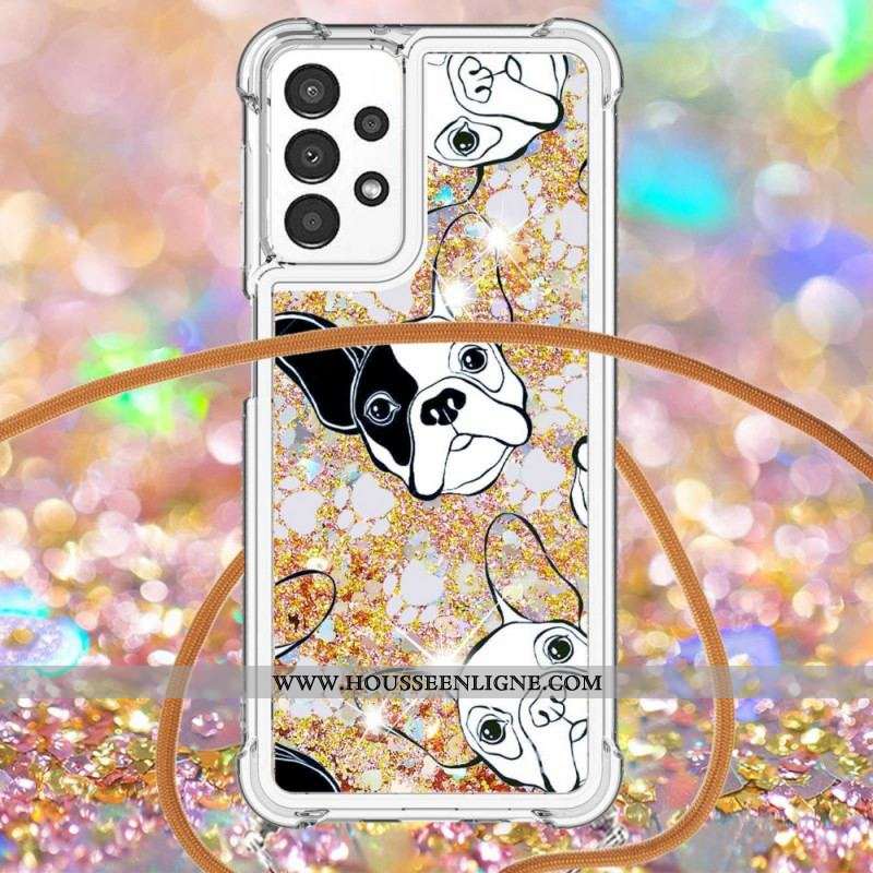 Coque Samsung Galaxy A13 à Cordon Paillettes Chiens