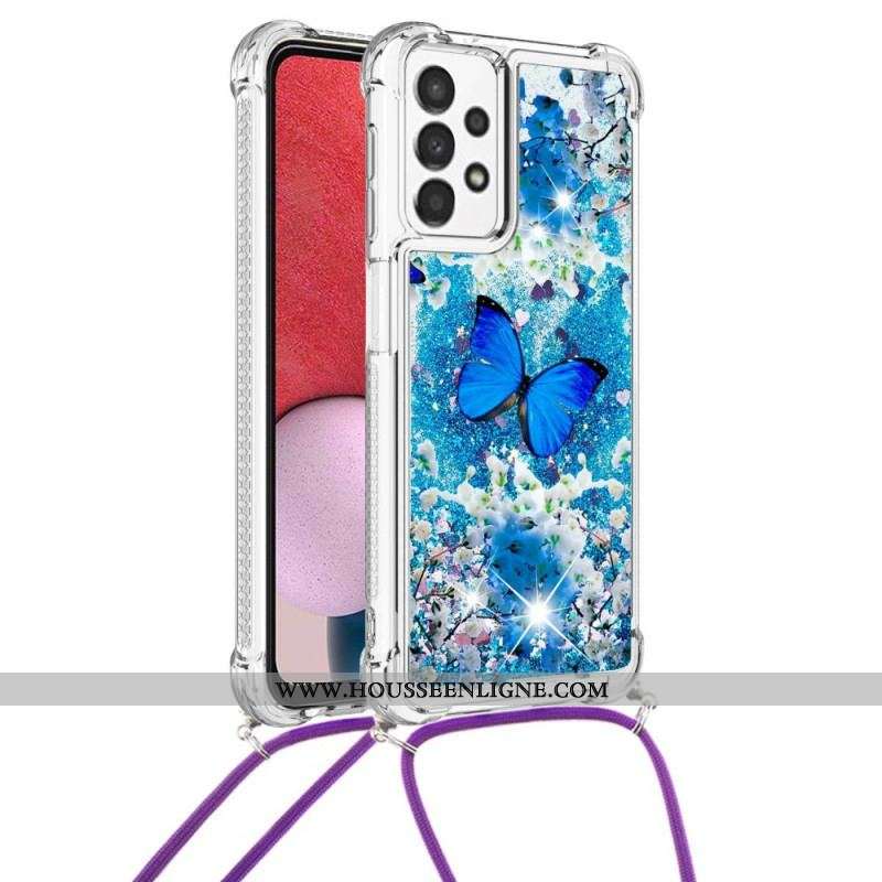 Coque Samsung Galaxy A13 à Cordon Paillettes Papillons