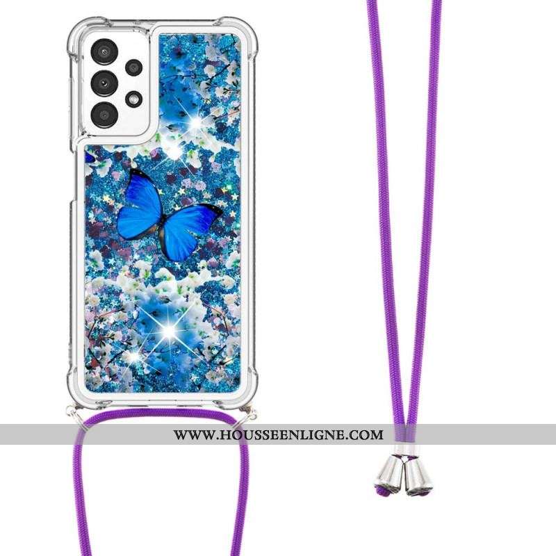 Coque Samsung Galaxy A13 à Cordon Paillettes Papillons