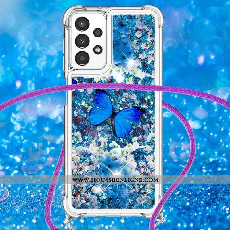 Coque Samsung Galaxy A13 à Cordon Paillettes Papillons