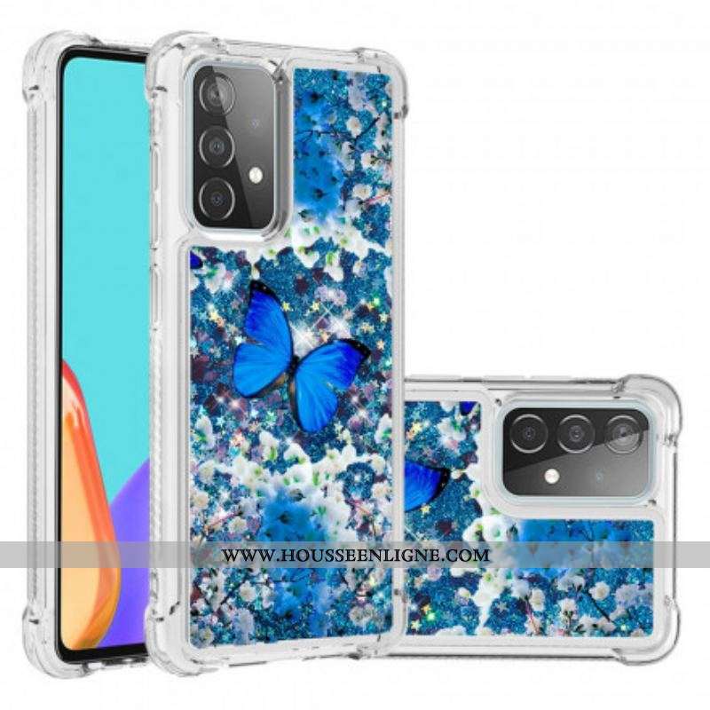 Coque Samsung Galaxy A52 4G / A52 5G / A52s 5G Papillons Bleus Paillettes