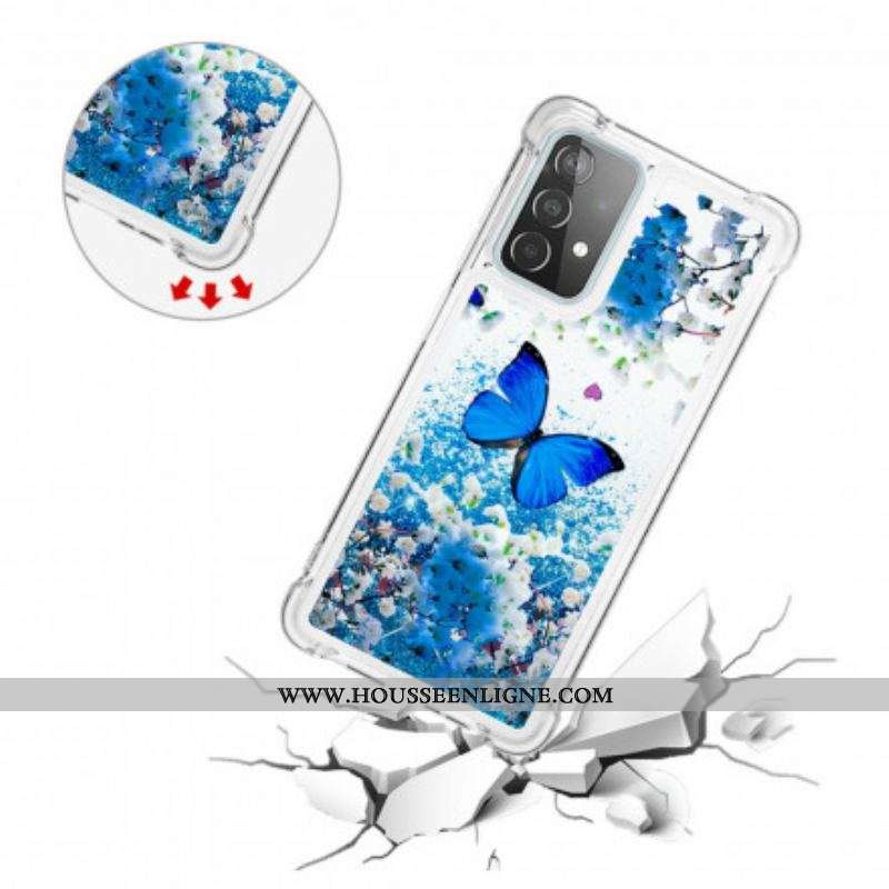 Coque Samsung Galaxy A52 4G / A52 5G / A52s 5G Papillons Bleus Paillettes