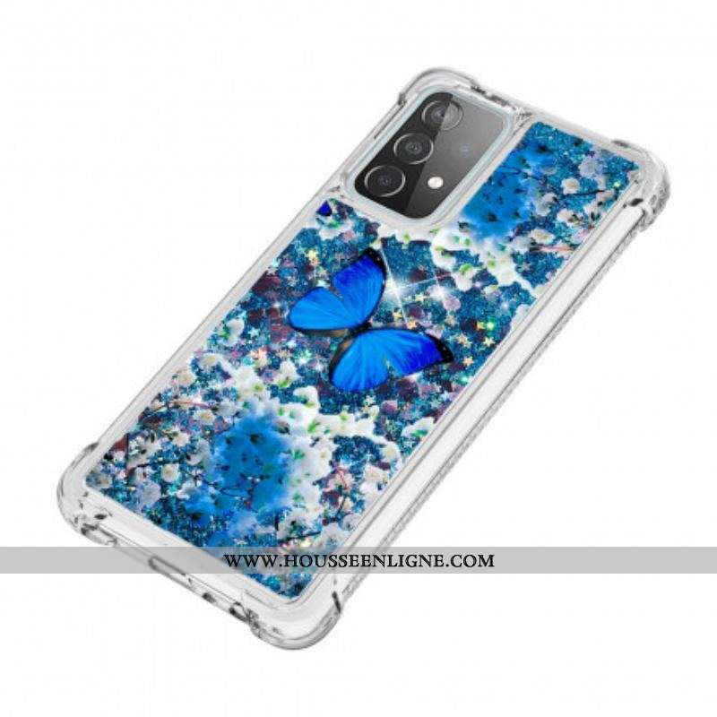 Coque Samsung Galaxy A52 4G / A52 5G / A52s 5G Papillons Bleus Paillettes