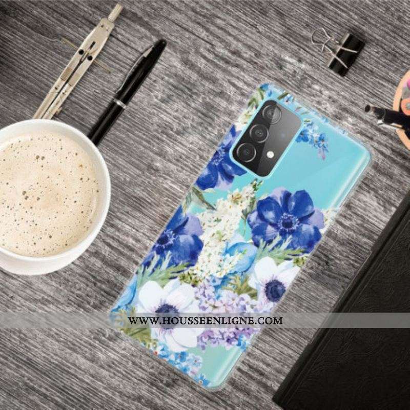 Coque Samsung Galaxy A52 4G / A52 5G / A52s 5G Transparente Fleurs Bleues Aquarelle