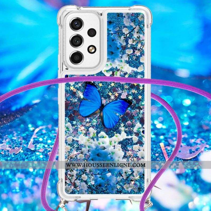 Coque Samsung Galaxy A53 5G à Cordon Paillettes Papillons