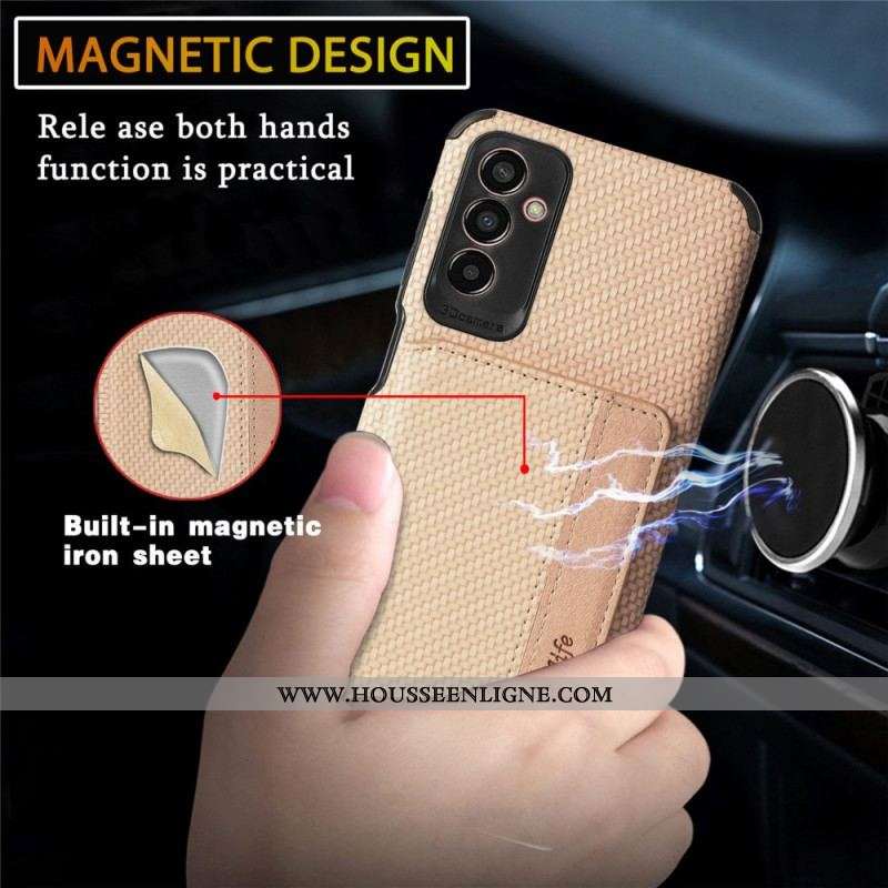 Coque Samsung Galaxy M13 Fibre de Carbone et Portefeuille Magnétique