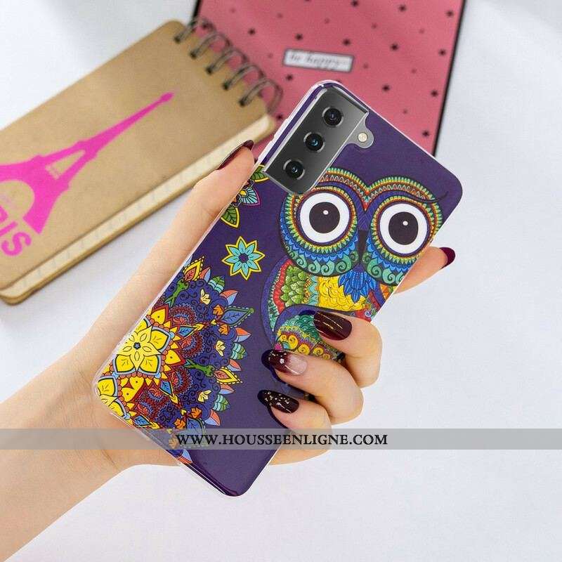 Coque Samsung Galaxy S21 5G Hibou Mandala Fluorescente