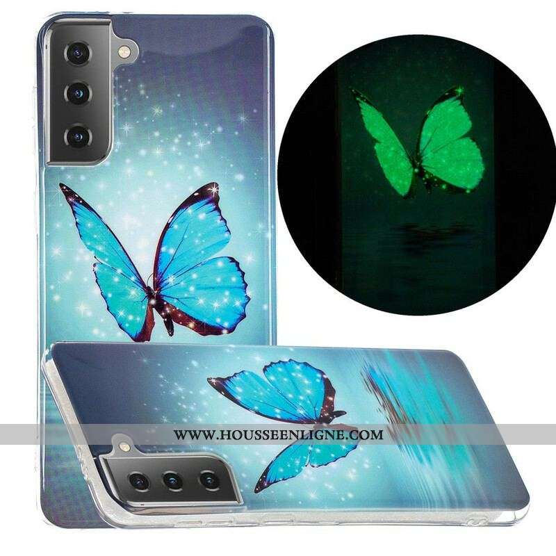 Coque Samsung Galaxy S21 5G Papillon Bleu Fluorescente