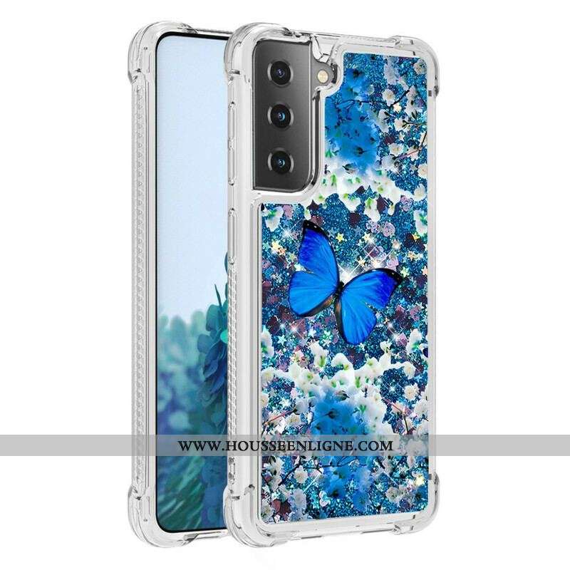 Coque Samsung Galaxy S21 5G Papillons Bleus Paillettes