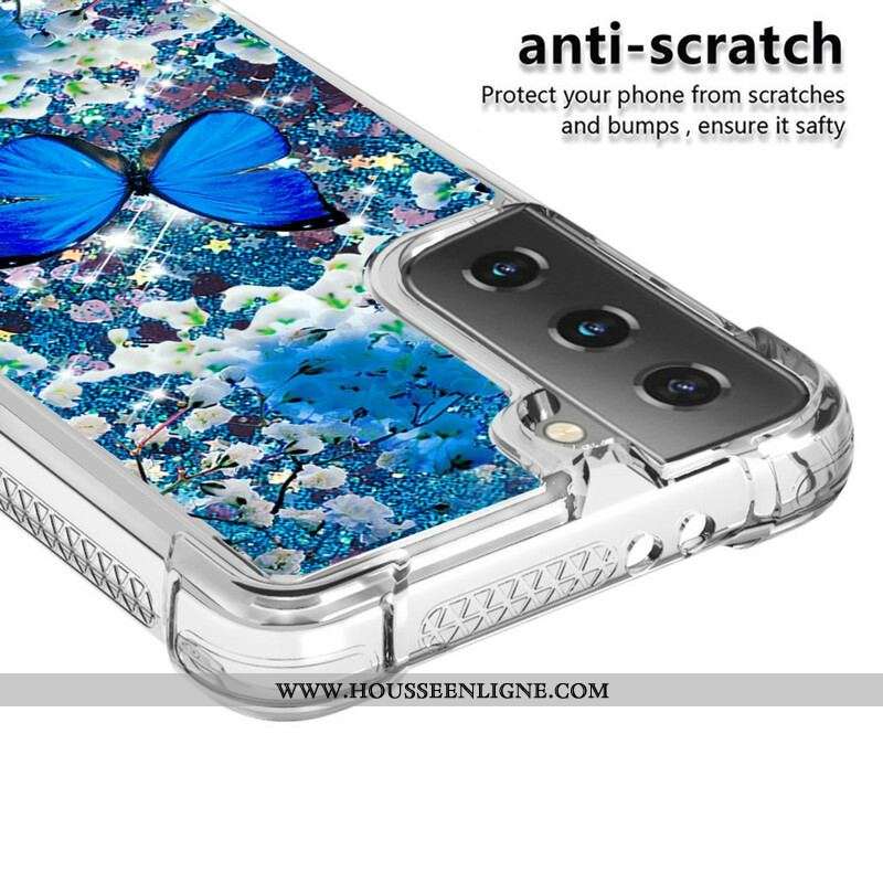 Coque Samsung Galaxy S21 5G Papillons Bleus Paillettes