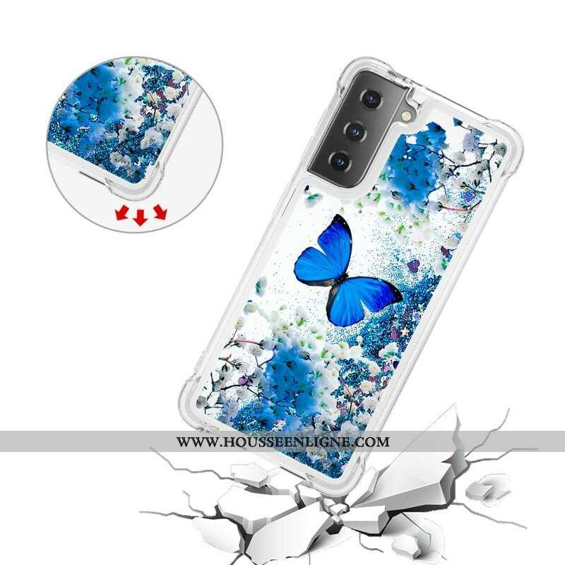 Coque Samsung Galaxy S21 5G Papillons Bleus Paillettes