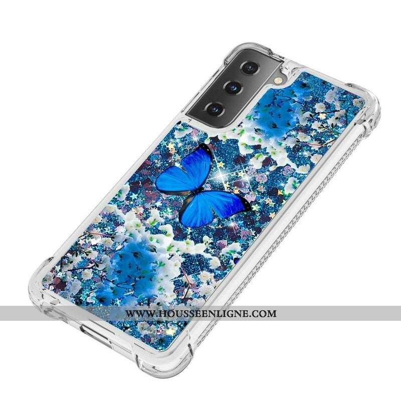 Coque Samsung Galaxy S21 5G Papillons Bleus Paillettes