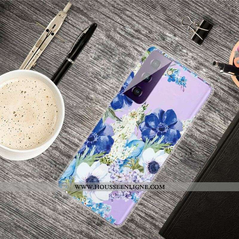 Coque Samsung Galaxy S21 FE Fleurs Bleues Aquarelle