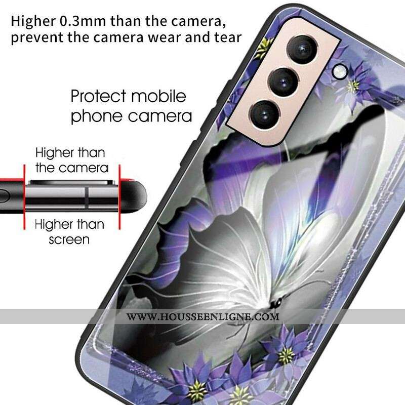 Coque Samsung Galaxy S21 FE Verre Trempé Papillon Violet