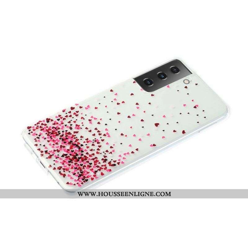 Coque Samsung Galaxy S21 Plus 5G Transparente Multiples Coeurs Rouges