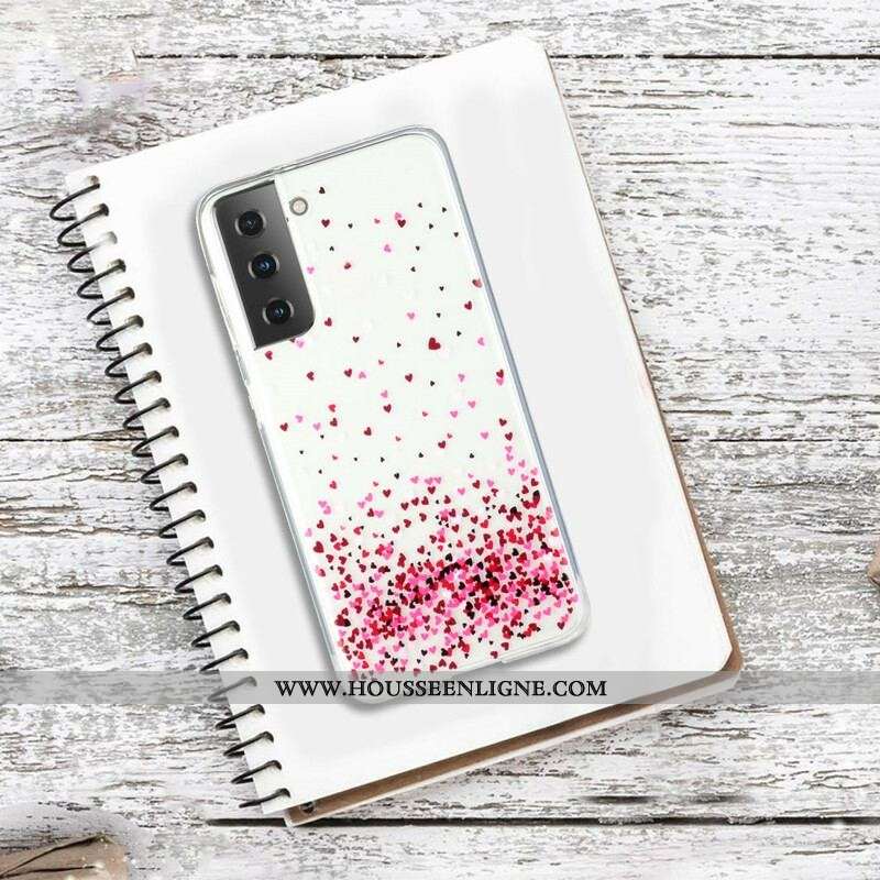 Coque Samsung Galaxy S21 Plus 5G Transparente Multiples Coeurs Rouges