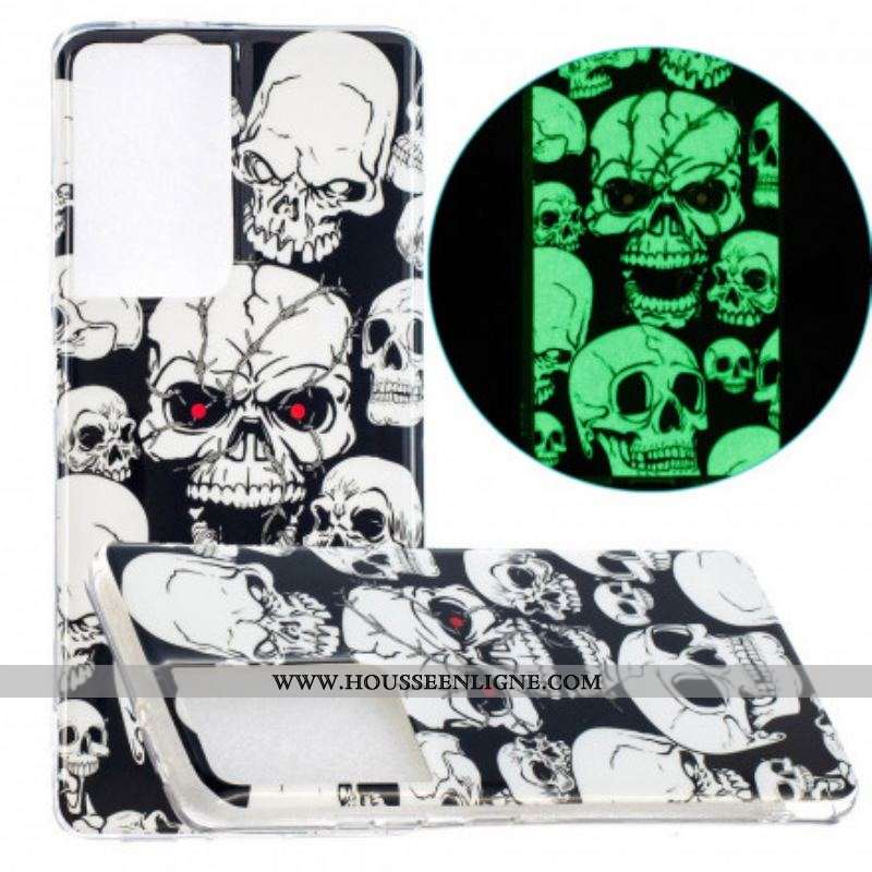 Coque Samsung Galaxy S21 Ultra 5G Attention Têtes de Mort Fluorescente