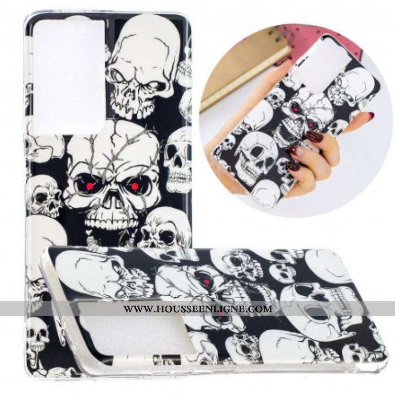 Coque Samsung Galaxy S21 Ultra 5G Attention Têtes de Mort Fluorescente