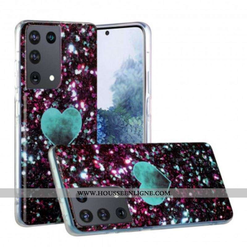 Coque Samsung Galaxy S21 Ultra 5G Coeur Marbre Paillettes