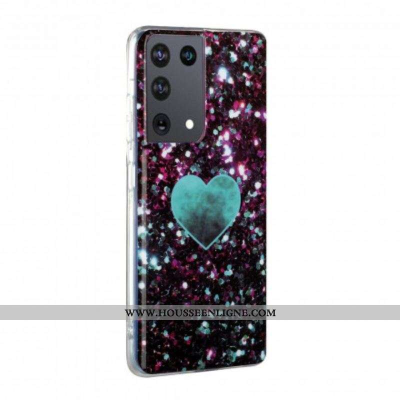 Coque Samsung Galaxy S21 Ultra 5G Coeur Marbre Paillettes