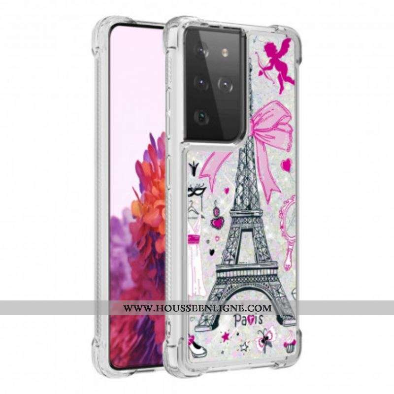 Coque Samsung Galaxy S21 Ultra 5G La Tour Eiffel Paillettes