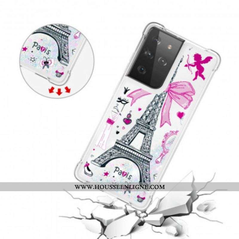 Coque Samsung Galaxy S21 Ultra 5G La Tour Eiffel Paillettes