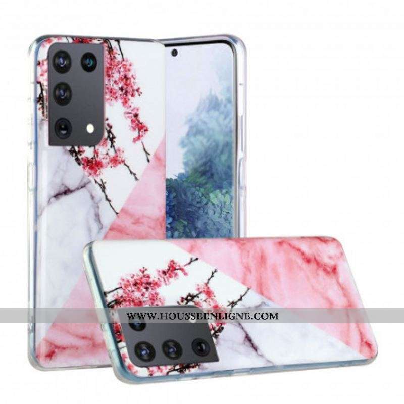 Coque Samsung Galaxy S21 Ultra 5G Marbrée Fleurs de Prunier