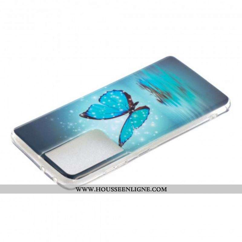 Coque Samsung Galaxy S21 Ultra 5G Papillon Bleu Fluorescente