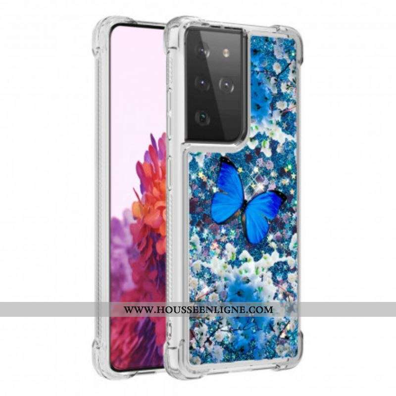 Coque Samsung Galaxy S21 Ultra 5G Papillons Bleus Paillettes