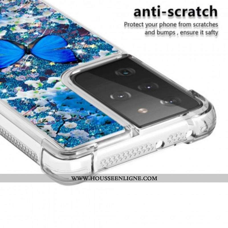 Coque Samsung Galaxy S21 Ultra 5G Papillons Bleus Paillettes