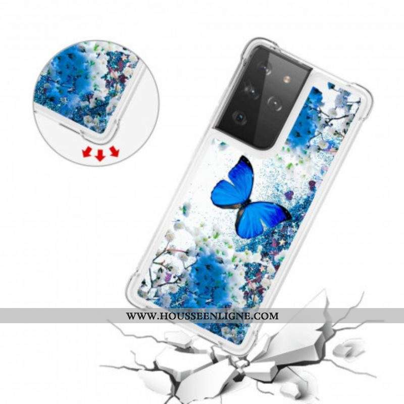 Coque Samsung Galaxy S21 Ultra 5G Papillons Bleus Paillettes