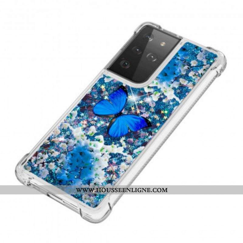 Coque Samsung Galaxy S21 Ultra 5G Papillons Bleus Paillettes