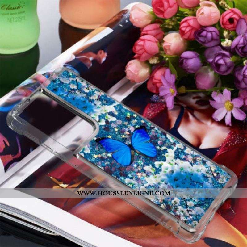 Coque Samsung Galaxy S21 Ultra 5G Papillons Bleus Paillettes