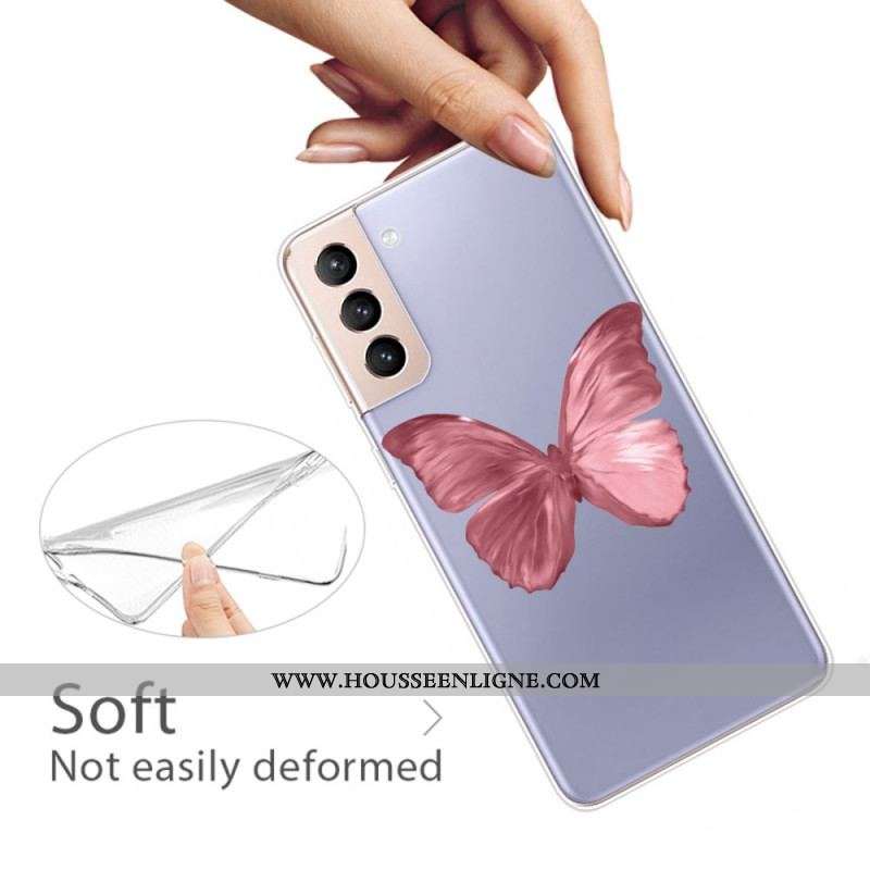 Coque Samsung Galaxy S22 5G Flexible Papillon Rose