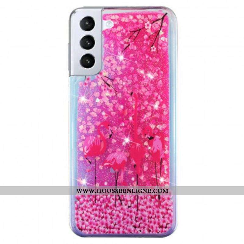 Coque Samsung Galaxy S22 5G Paillettes Flamants Roses