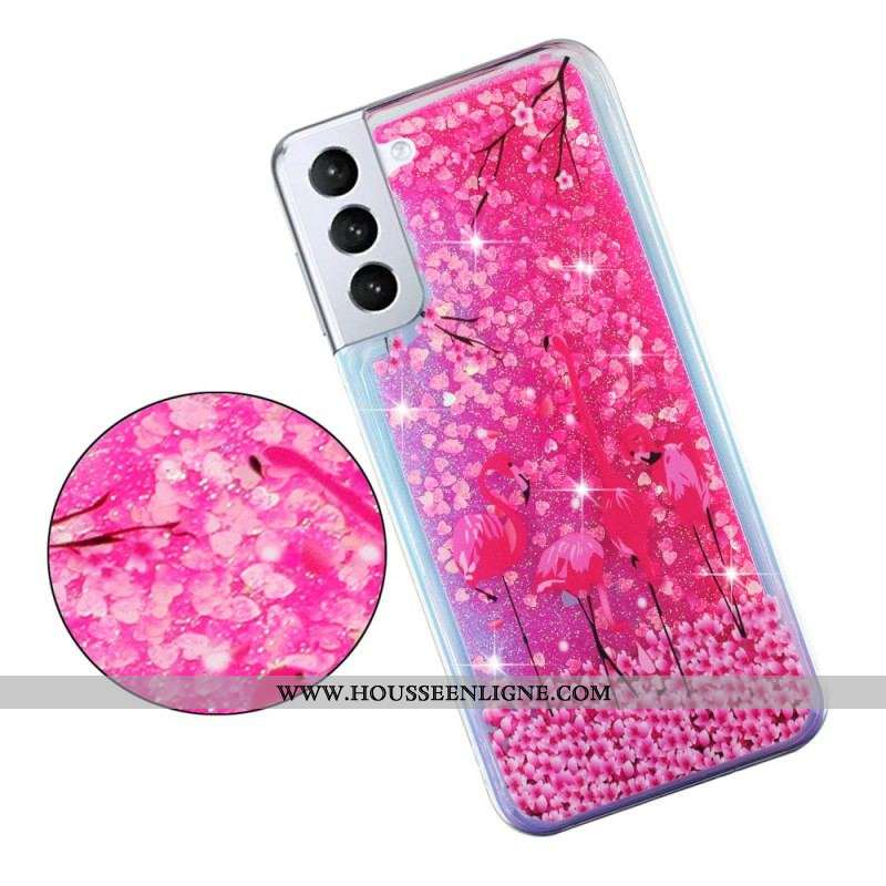 Coque Samsung Galaxy S22 5G Paillettes Flamants Roses