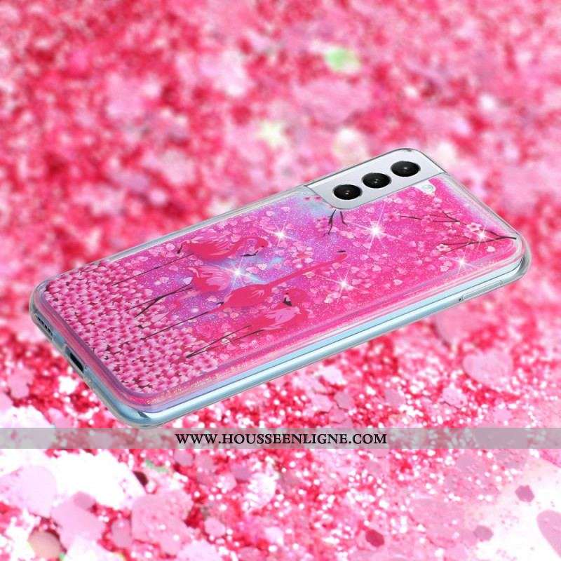 Coque Samsung Galaxy S22 5G Paillettes Flamants Roses