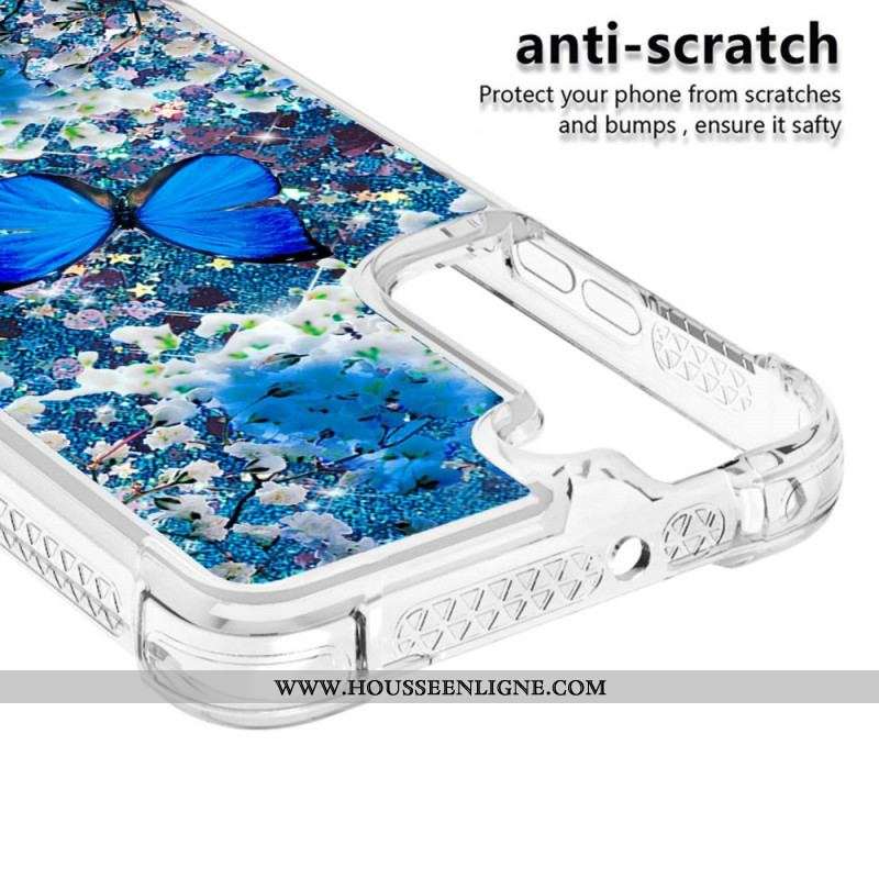 Coque Samsung Galaxy S22 5G Papillons Bleus Paillettes