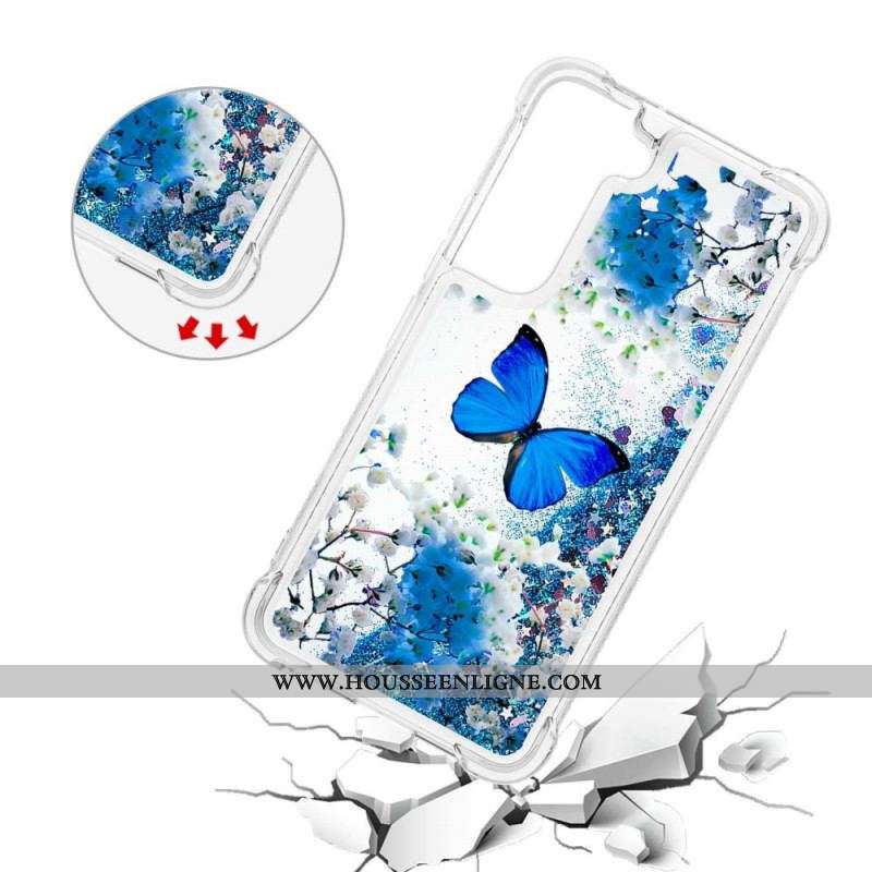 Coque Samsung Galaxy S22 5G Papillons Bleus Paillettes