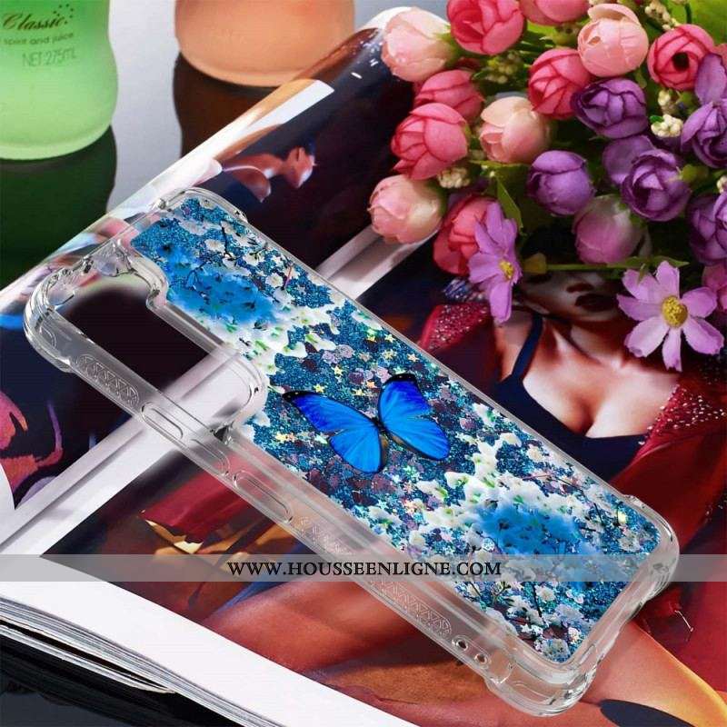 Coque Samsung Galaxy S22 5G Papillons Bleus Paillettes