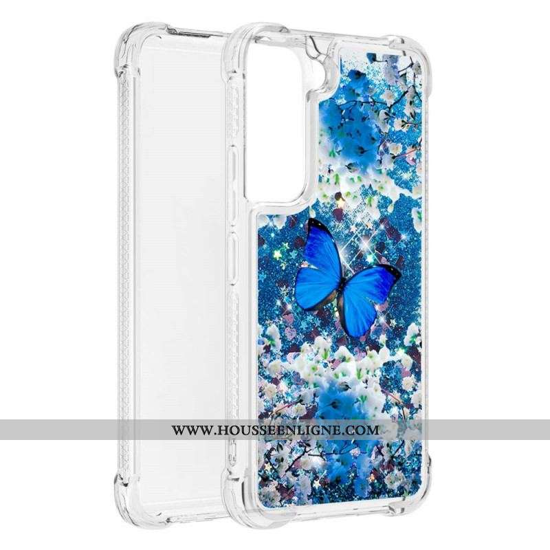 Coque Samsung Galaxy S22 5G Papillons Bleus Paillettes