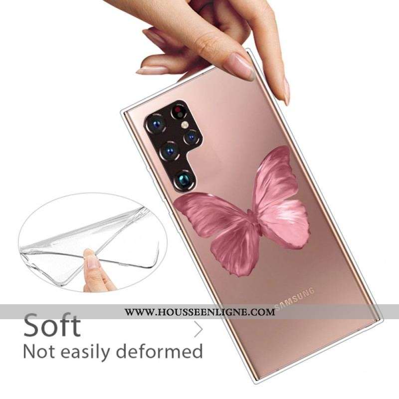 Coque Samsung Galaxy S22 Ultra 5G Flexible Papillon Rose