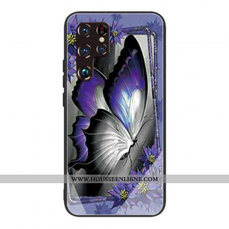 Coque Samsung Galaxy S22 Ultra 5G Verre Trempé Papillon Violet